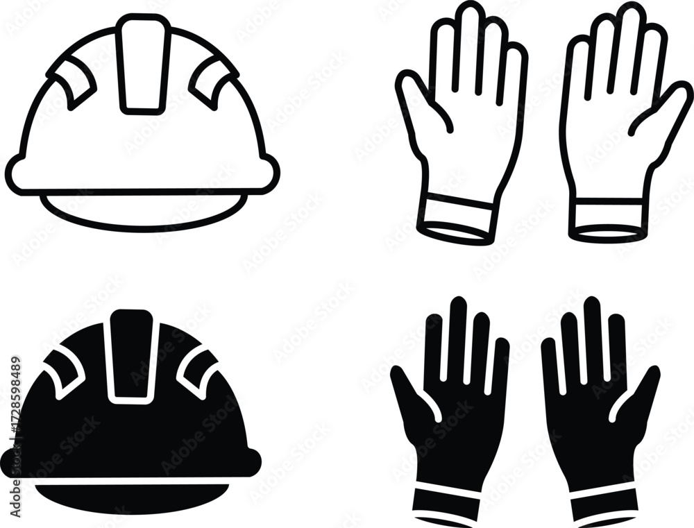 Obraz premium Safety Helmet and Protective Gloves Icon Set for Industrial Work Environments and Vector Silhouette..eps