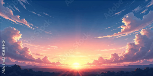 A dramatic sky of orange, red, and blue clouds over a beautiful mountain landscape at dusk