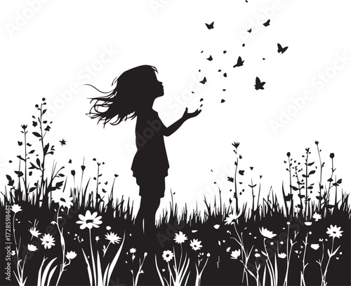 Silhouette illustration of child in wildflower field releasing butterflies — nature, freedom, and innocence concept
