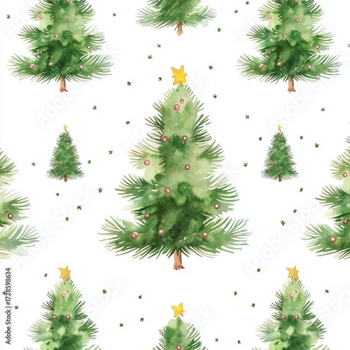 Watercolor christmas tree pattern with stars and red ornaments on white background