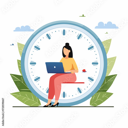 Part-time job, work tracking system, day planning or time management, side hustle or office work deadline, start and end time schedule concept, businesswoman working with laptop on split time cloc