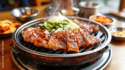 Grilled korean bbq with sizzling beef and vegetables on hot plate