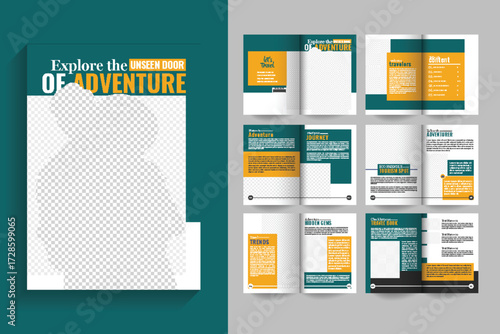 Travel Magazine Template Layout. professional custom Travel, Agency, Holiday designed 12 page green yellow travel book.