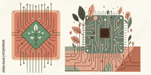 Sustainable Technology Concept Visualizing the Eco-Friendly Integration of Organic Forms with Advanced Electronic Circuitry for a Greener Digital Future