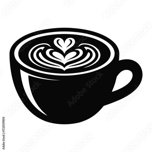 Stylized black silhouette of a coffee cup with heart latte art