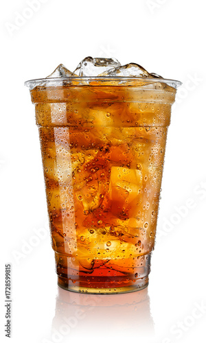 Iced tea in fogged disposable plastic cup isolated on white background