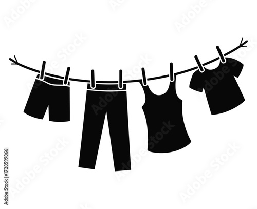 Black silhouette of clothes hanging on a clothesline with clothespins on a white background