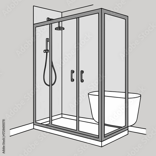 Modern bathroom shower enclosure with bathtub illustration