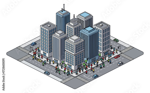 City intersection illustration with pedestrians and buildings