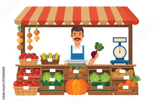 Friendly farmer proudly presents abundant fresh produce at vibrant outdoor market stall brimming with healthy vegetables and fruits