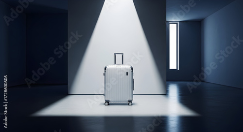 Lonely suitcase placed in an empty modern room under dramatic spotlight, evoking feelings of isolation and minimalism.