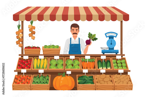 Friendly farmer proudly presents abundant fresh produce at a vibrant outdoor market stall overflowing with colorful vegetables and fruits