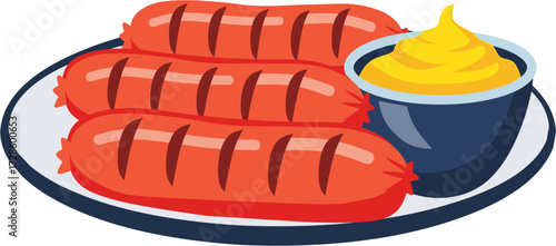 A plate of grilled sausages with a side of mustard, a delicious and appetizing meal.