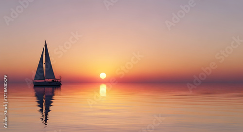 Sailing boat on the calm waters during sunset, capturing the peaceful and serene beauty of the ocean horizon.