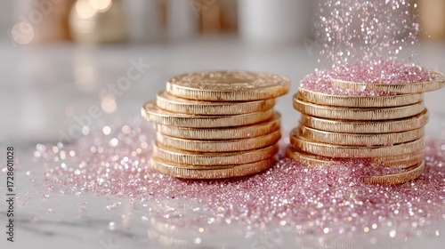 Hand Pouring Gold Coins with Pink Glitter on Marble Surface in Soft Lighting