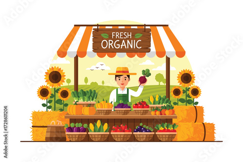 Fresh Organic Produce Stand: Vibrant illustration showcasing an enticing organic produce stand, overflowing with colorful fruits and vegetables.