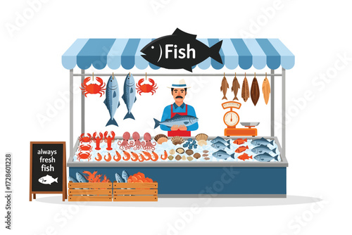 Fresh Seafood Market Stall: A vibrant illustration showcases a fish market stall overflowing with fresh seafood, with a vendor ready to serve up delicious catches.