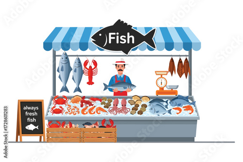 Fresh Fish Market: An illustration of a vibrant fish market stall, brimming with a colorful array of fresh seafood, is showcased. A friendly vendor stands ready, offering the best quality fish.