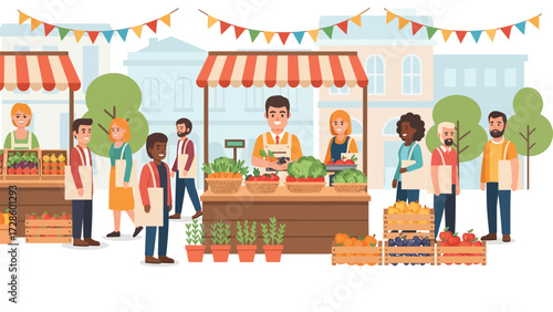 Community Market: A vibrant community market bustles with activity, showcasing fresh produce and local artisan goods under colorful bunting.