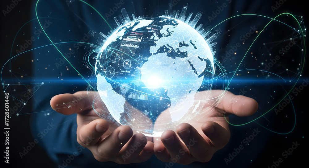 Fototapeta premium 3D globe with digital data connections, representing the interconnected world of technology and global networks.