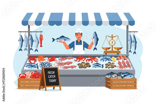 Seafood Market Stall: A vibrant illustration depicts a bustling seafood market stall, brimming with an array of fresh catches and a smiling vendor eager to serve.