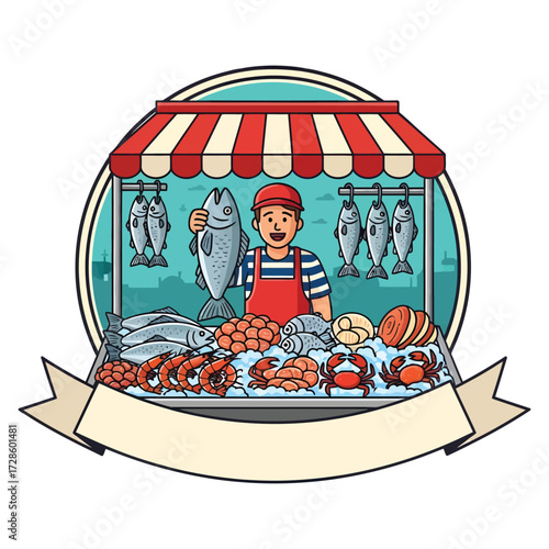 Ocean's Bounty Market Display: Captivating a bustling seafood market illustration, with vibrant detail and a charming merchant showcase fresh catch of the sea.