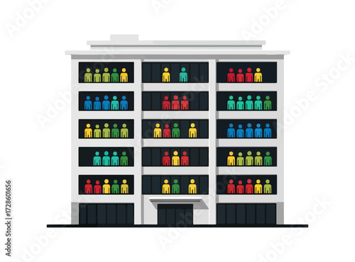 Colorful people in a multistory building