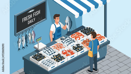 Fresh Fish Daily: A vibrant depiction of a fishmonger at his stall, displaying a rich array of fresh seafood, ready to entice the curious customer.