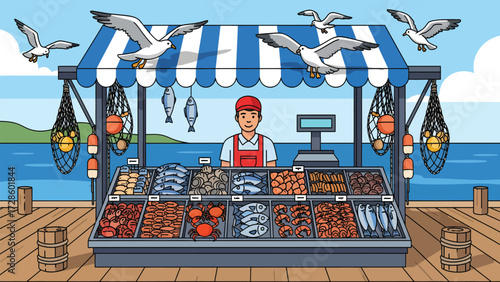 Seaside Fish Stall: A vibrant seaside fish stall, bustling with activity, showcases an array of fresh seafood, surrounded by cheerful seagulls and the tranquil sea. 