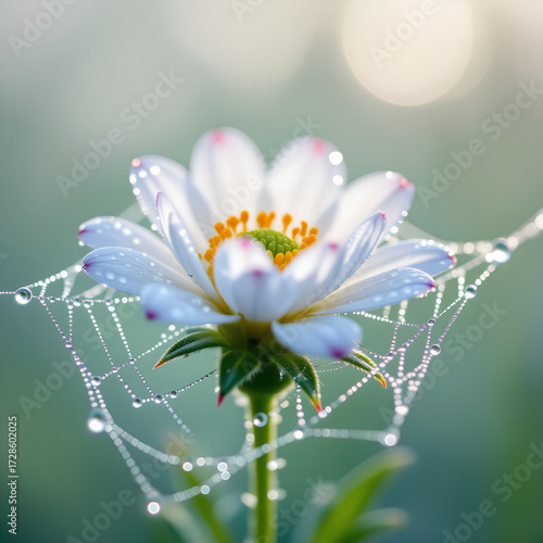 A closeup macro shot of a single white daisy flower in a garden, with its petals and yellow center in full bloom against a soft green nature background
