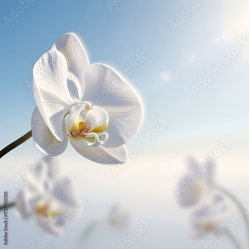 A stunning white orchid blossom against a vibrant blue sky is a symbol of tropical beauty in nature