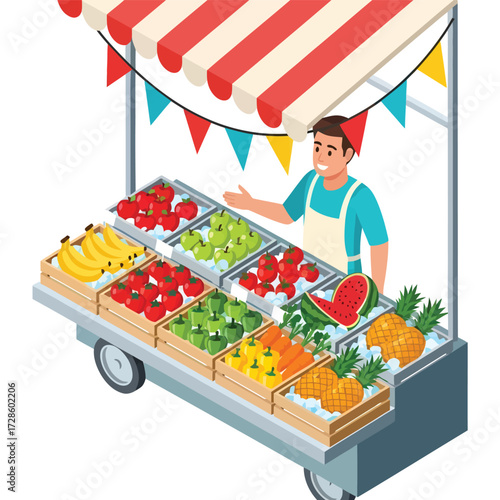 A Colorful Street Food Cart: A vibrant and welcoming street food cart overflows with an array of fresh fruits and vegetables, with an inviting vendor ready to serve.