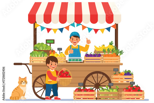 Market Stall Delight: A vibrant illustration showcasing a friendly vendor interacting with a young customer, alongside a curious cat, all against the backdrop of a colorful fruit and vegetable stand.