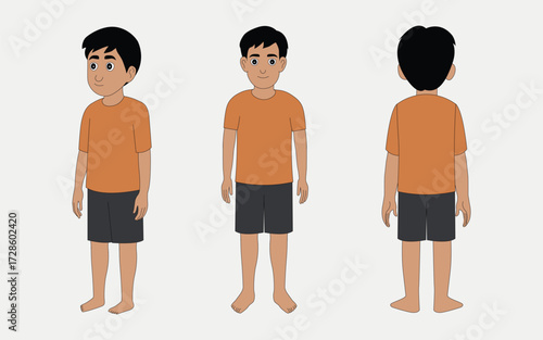 Cartoon Boy Character Design Turnaround – Front, Side, and Back View Vector Illustration