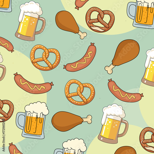 Beer Pretzel Sausage Chicken Drumstick Food Beverage Seamless Pattern Background Design
