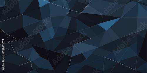 The abstract dark blue background features a geometric triangle pattern texture illustration, resembling a crystal mosaic polygon design