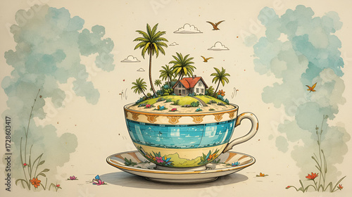 Whimsical Tropical Island Scene in Teacup:  Hand-Drawn Illustration,  Vibrant Colors, Escapist Mood.