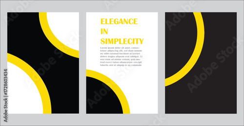Yellow curved shapes and text on a black and white background, conveying elegance in simplicity, isolated on white background Design for flyer, poster, cover, brochure, banner or any layout
