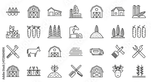 Farming and Agriculture Icon Set in Thin Line Vector Style, Editable for Web and Print