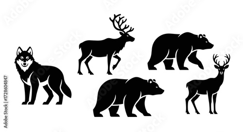 Flat Vector Collection of Wild Animal Silhouettes Including Wolf, Deer, Elk, and Bear