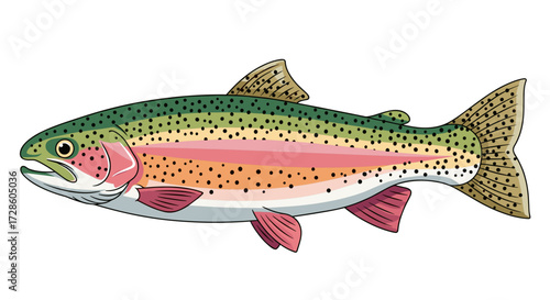 Side Profile Vector Drawing of a Colorful Rainbow Trout, Isolated on White Background