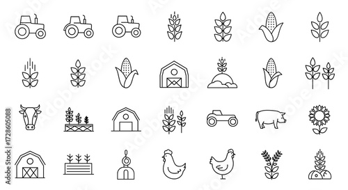 Thin Line Vector Icons Representing Farming and Agriculture, Editable for Digital Use
