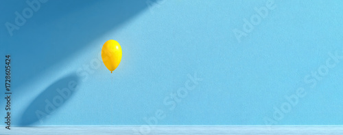 Single yellow balloon floating in minimalist blue room with dramatic shadow, simple celebration or loneliness concept Generative AI