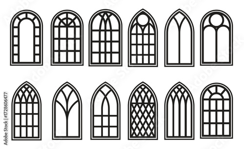 gothic windows outline set silhouette of vintage stained vector illustration
