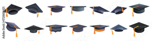 graduation hat icons set cartoon style