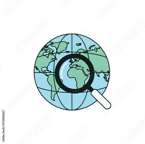 Globe with magnifying glass focused on world map
