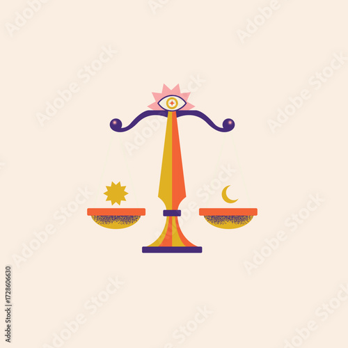 Vibrant graphic illustration of a mystical balance scale, featuring an all-seeing eye, sun, and moon, symbolizing cosmic equilibrium, justice, and spiritual harmony