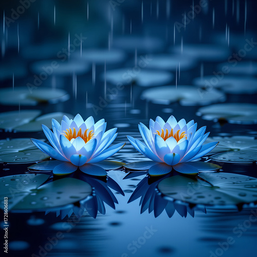 A stunning purple water lily blossom with pink and white petals floats serenely on a pond, highlighting the aquatic beauty of the nature plant