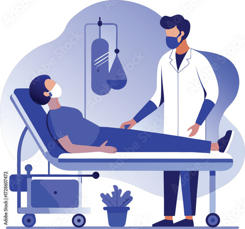 Doctor and patient in hospital room with medical equipment