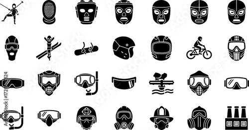 Dynamic sports equipment icons for action, adventure, and competitive activities illustrations